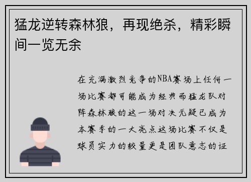 猛龙逆转森林狼，再现绝杀，精彩瞬间一览无余